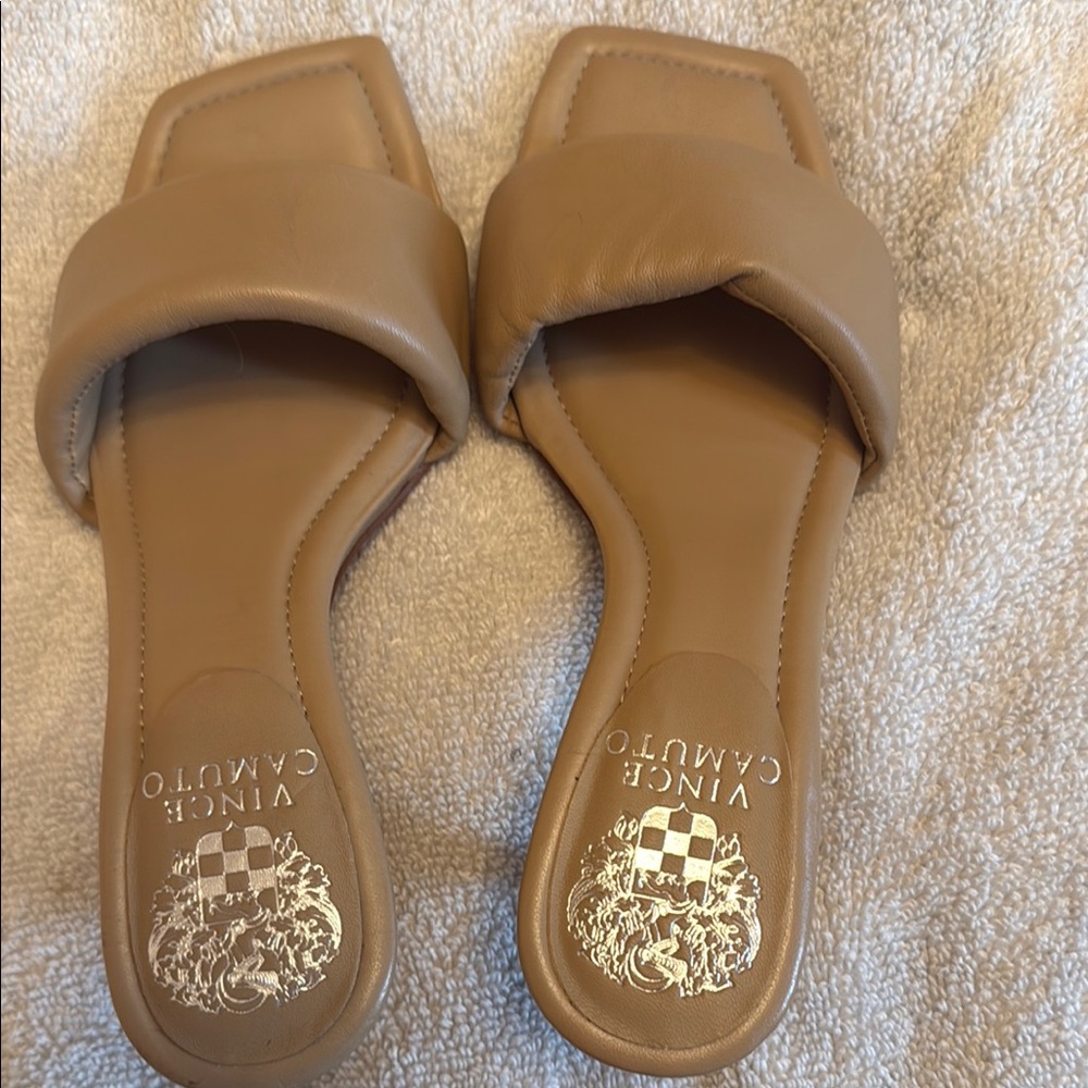 Vince Camuto Tan Slide Sandals with Square-Toe Design